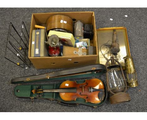 Household Goods - an oak mantel clock; a 'Lubitel' box camera; a violin; a vintage hairdryer, boxed; a 'Pye' portable radio; 