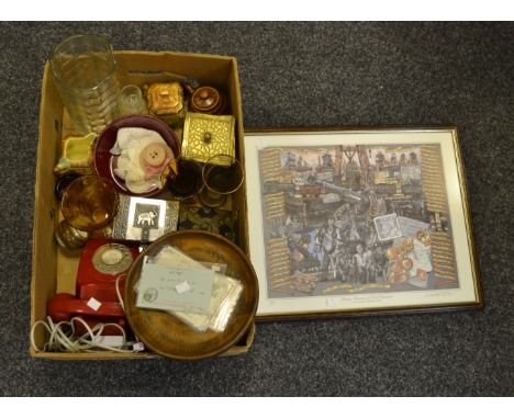 Household Goods - a red telephone c.1970; a brass tea caddy; glassware; Cottage Ware;etc (1 box) 