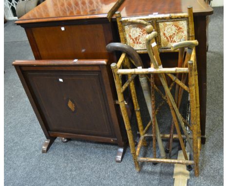 A  bamboo stick stand, inlaid satsuma-coloured sunflower decorated tiles;a mahogany firescreen, barberpole stringing and bore