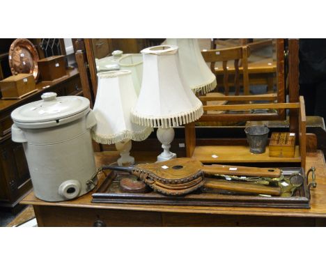 Household Goods - a pair of alabaster table lamps; an oak book trough; a pair of oak fireside bellows; a Tunbridge ware cribb