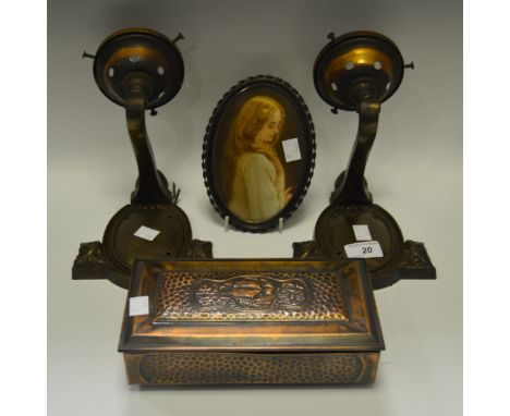 Boxes and Objects  - a pair of Art Nouveau style wall lights; a ceramic wall plaque painted with a young girl deep in thought