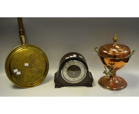 A Victorian copper Samovar; a brass bed warmer; an oak mantel clock silvered dial  Arabic numerals (3)