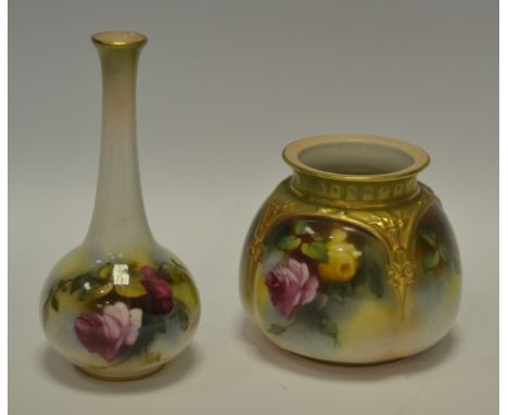 A Royal Worcester pot pourri jar (lacking cover) painted with summer roses; a Royal Worcester bud vase painted with summer ro