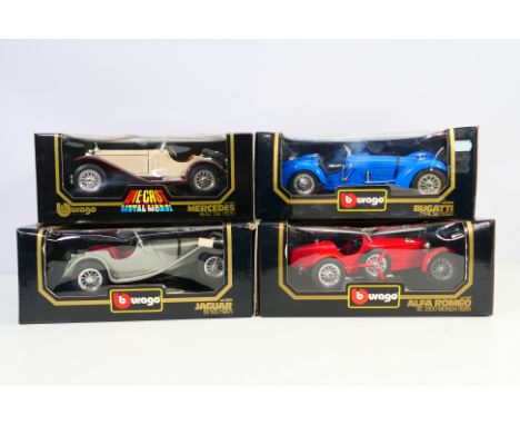 Burago - 4 boxed Burago 1:18 scale diecast models comprising Mercedes Benz SSK (1928) #3009, Jaguar SS100 (1937) #3006, Bugat