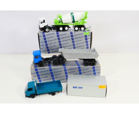 Conrad - NZG - 3 x boxed models, 2 x boxed MAN trucks, a Stetter cement truck # 4150 and a dump truck in 1/50 scale and a Mer