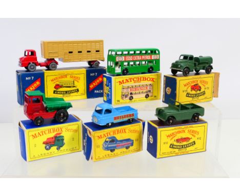 Matchbox - 6 x boxed vehicles including Thames Cattle Truck # M-7, Land Rover # 12, Morris J2 Pickup # 60, Army Water Truck #