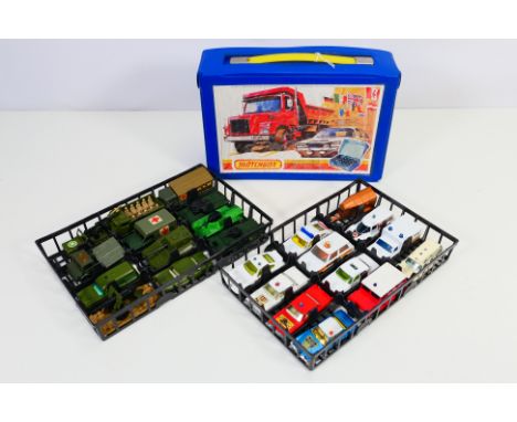 Lesney Matchbox - Majorette - Corgi -  A vintage Matchbox 24 x car Carry Case with 2 x black trays and 24 models inside, abou