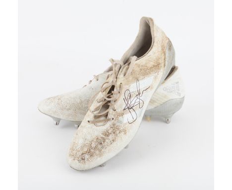 England Rugby - Nathan Hughes Match Worn white Adidas boots from his England Game v Scotland when England won the Six Nations