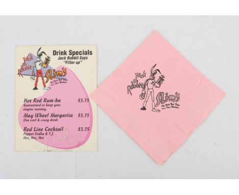 Pulp Fiction (1994) Original Jackrabbit Slims Drink Specials Menu & Pink Napkin.  original props as used during filming John 