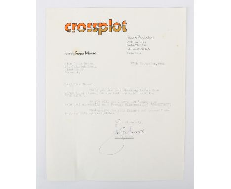 Roger Moore  Letter dated 27/9/68 on the headed notepaper of the film Crossplot thanking the sender for watching The Saint, a