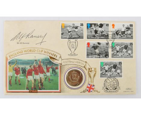 Sir Alf Ramsey Autograph, black ink signed, on an England World Cup 1966 First Day Cover, 12 x 23 cm. 