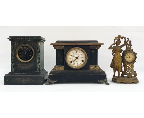 Three assorted mantel clocks to include two black slate examples and a French-style clock with gilt brass-effect dancing figu