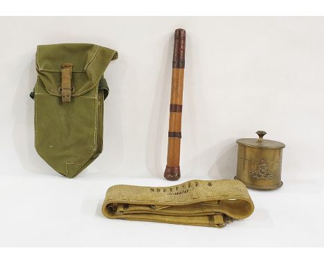 WWI trench art tea caddy with Royal Artillery cap badge to side, shell case dated 1917, webbing belt with bag and truncheon/k