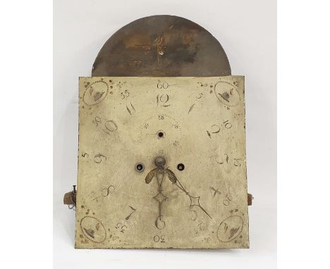 19th century longcase clock face and movement, the arch top bearing hunting scene decoration, Arabic numerals to the dial, su