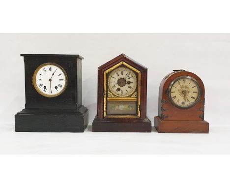 Three assorted mantel clocks including black slate example with French movement and Roman numerals to the dial and arch top m