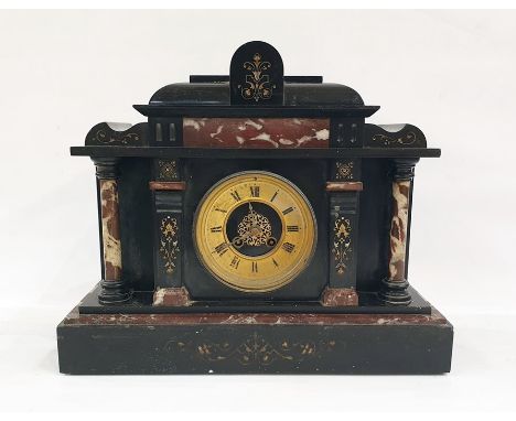 Black slate and rosso marble mantel clock in the Greco-Roman architectural taste with Roman numerals to the brass chapter rin