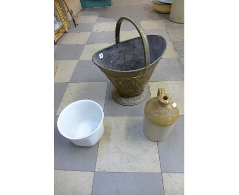 A Victorian brass coal bucket, stoneware flagon and a ceramic planter