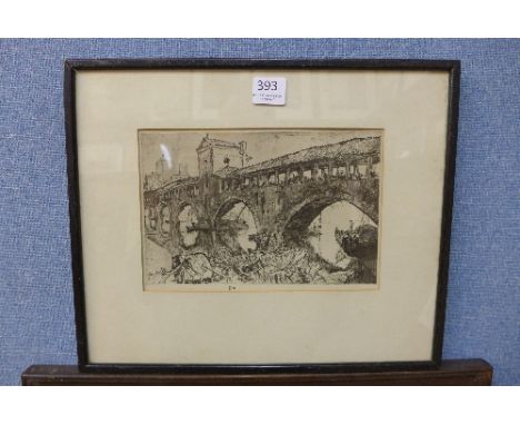 A Sir Frank Brangwyn RA print, Old Bridge, Pavia, framed and other etchings and prints