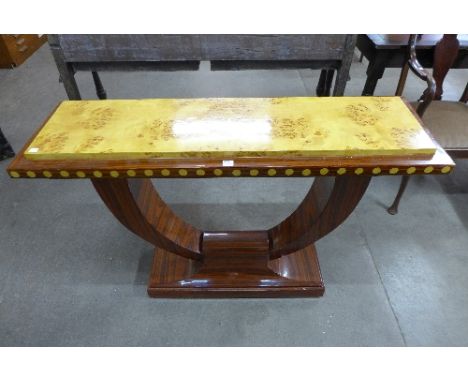 An Art Deco style maple and rosewood effect console table