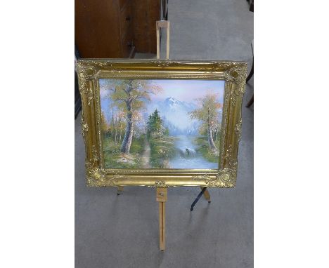 A river landscape, oil on canvas and an artist's easel