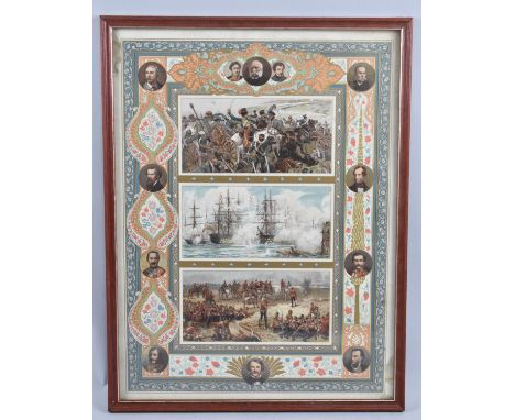 A Framed Military Print Depicting Three Battles, 30x40cm 