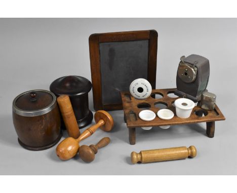 A Collection of Various Vintage Items to Comprise Treen Stationery Items, Small Chalk Board, Ink Pot Holder, Ceramic Inkwells