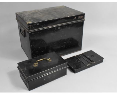 A Black painted Deed Box together with  Cash Tin Containing Various Vintage Keys 