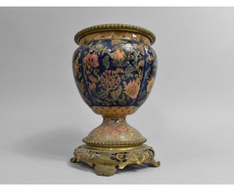 A 19th Century Ormolu Mounted Enamelled Porcelain Oil Lamp Stand with Floral Decoration and Four Scrolled Feet, 16cmns Diamet