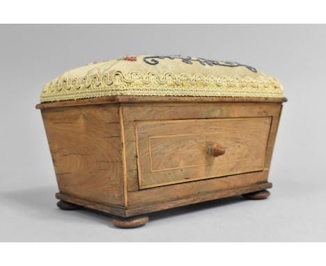 A 19th Century Inlaid Sarcophagus Shaped Jewellery Box in the Form of a Tea Caddy on Four Bun Feet, Embroidered and Beadwork 