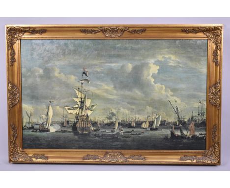 A Large Gilt Framed Print On Canvas, Sea Battle, 99x59cm 