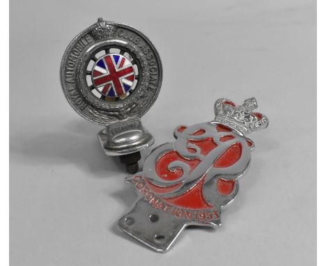 A Vintage Royal Automobile Club Association Car Badge together with Chromed Coronation Car Badge, 1953 