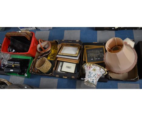 Six Boxes of Various Sundries to comprise Pictures, Prints Wicker Items, Bags, Lamp Shades Etc 