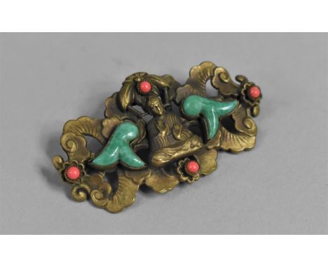 A Vintage Coral Mounted Buddha Brooch, 5cm wide 