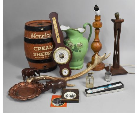 A Collection of Various Sundries to comprise Marston's Cream Sherry Novelty Decanter in the Form of a Barrel, Enamelled Jug, 