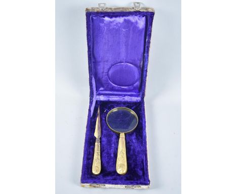 A Vintage Cased Brass Handled Magnifying Glass and Letter Opener 