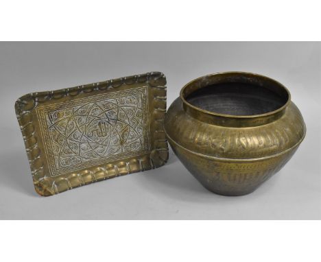 An Indian Hand Beaten Brass Circular Planter decorated with animals together with a Rectangular Tray with Islamic Motif, Plan