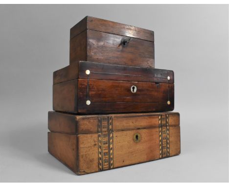 A Late 19th Century Banded Inlaid Workbox, Smaller Example with Mother of Pearl Disks and a Small Two Division Tea Caddy, All