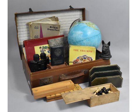 A Vintage Leather Case Containing Various Items to comprise Meccano (Unchecked) Briggs Transfer Paper, Stamp Album, Globe, Bi