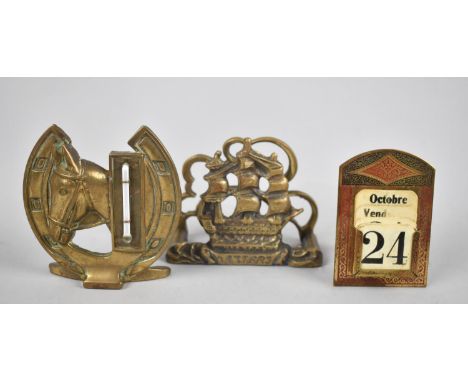 A French Gilt Metal Desk Calendar, Small Letter Rack and Desktop Thermometer with Horses Head and Stirrup 