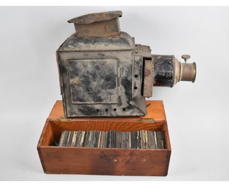 A Vintage Metal Magic Lantern, Missing Burner Together with a Collection of Various Magic Lantern Slides 