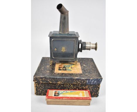 A Vintage Tin Plate Childs Magic Lantern Toy with Boxed Set of 16 Slides 