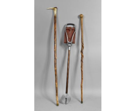 A Vintage Featherwate Shooting Stick, Bone Handled Walking Stick and a Root Stick 