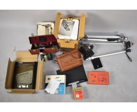 A Collection of Photographic Equipment to Include Various Tripods, Bolex Film Camera, Polaroid Super Swinger, Arrow Movie Vie