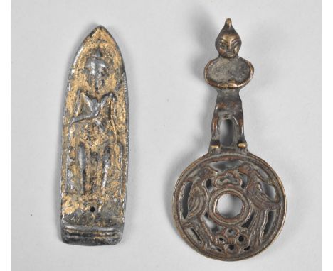 A Far Eastern Bronze Amulet and a Bronzed White Metal Buddha Amulet, 7.5cms High 