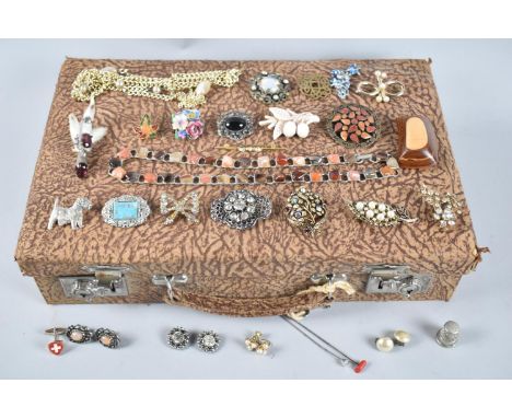 A Textured Case Containing Various Vintage and Later Brooches etc 
