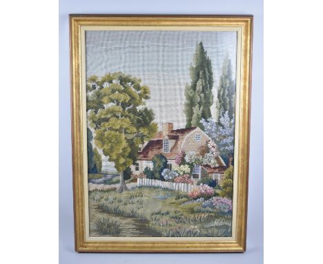 A Gilt Framed Tapestry, House and Garden, 47x67cm 