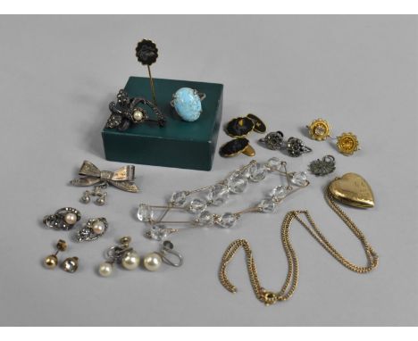 A Collection of Various Costume Jewellery to Include Silver Brooches, Earrings, Dress Ring, Gold Metal Heart Shaped Locket et