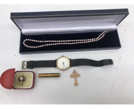 A 9ct pearl ring; together with crucifix, watch, pen and pearls