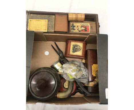 A box of odds to inc an AA badge, cased light hydrometer cards, Rabone measure, an urn (minus handles) etc