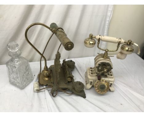 A brass inkstand; together with a brass desk lamp, glass decanter and a vintage telephone